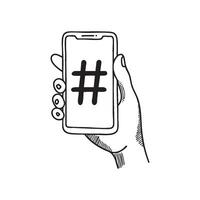 Hand hold Smartphone with a hashtag icon on the screen vector