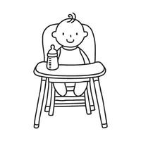 Baby in a highchair with a milk bottle on the tray vector