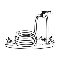 A coiled hose on the lawn connected to an outdoor faucet vector