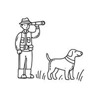 A hunter observing with binocular beside dog in a grassy field vector