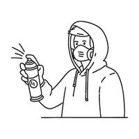 Person in a hood with spray paint draw graffiti on a wall vector