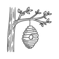 Hive hanging from the branch of a tall tree vector