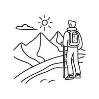 Hiker standing at the summit, looking out over the horizon vector