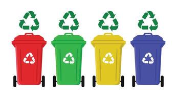 Four colorful trash cans with recycling symbols vector