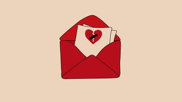 An open envelope with a piece of paper inside and with a broken heart sign. Alpha channel transparency video