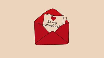 An open envelope with a piece of paper inside and with text 'Be My Valentine.' Alpha channel transparency video
