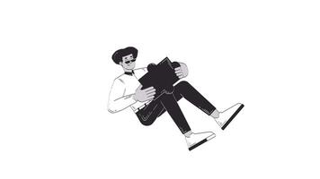 Business casual hispanic man holding large puzzle piece outline 2D character doodle animation. Solution linear drawing 4K . Problem solving. Latino guy reclining animated person isolated on white video