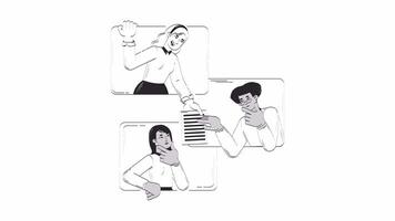 Virtual team collaborating through online interaction doodle outline animation. Proofreading 4K motion graphic. Remote colleagues sharing document animated sketch 2D concept isolated on white video