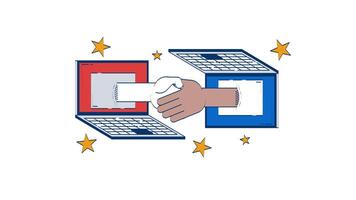 Virtual handshake connecting two laptops doodle animation. Agreement digital 4K motion graphic. Two hands shaking through notebooks screens animated 2D flat cartoon concept, white background video