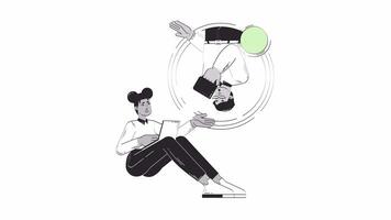 Remote teamwork between two diverse teleworkers doodle outline animation. Digital collaboration 4K motion graphic. Telecommuters working together animated sketch 2D concept isolated on white video