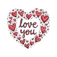 Heart-shaped arrangement of red hearts surrounding love you text in sketch style on a white background. Valentine's day illustration. vector