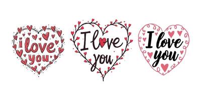 Three hand-drawn heart-shaped designs with I love you text, adorned with red patterns and details, on a white background, Valentine's day, wedding illustration. vector