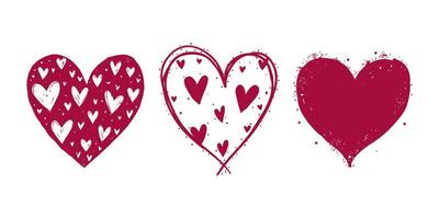 Three hand-drawn hearts with unique decorative patterns, red and white tones, set on a plain white background, symbolizing love. Valentine's day, wedding illustration. vector