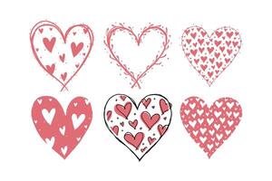 Set of hand-drawn hearts featuring unique patterns and textures in red and white, displayed on white background. Valentine's day illustration. Valentine's day, wedding illustration. vector