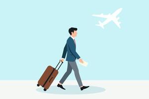 Business traveler walking confidently with suitcase at an airport runway, representing global travel and professional ambition. vector