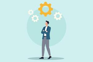 Confident businessman standing amidst gear icons, symbolizing strategic planning, innovation, and problem-solving in a corporate environment. vector