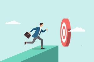 Ambitious businessman running towards a target, symbolizing focus, goal achievement, and professional drive in competitive business settings. vector