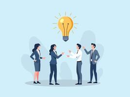 Business team collaborating on innovative ideas with a glowing lightbulb symbolizing creativity and teamwork. vector