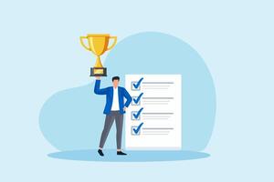 Professional businessman holding a trophy checklist, symbolizing recognition, achievement, and excellence in business performance. vector