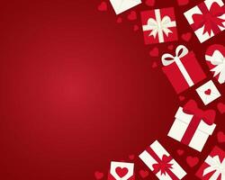 Banner with gift boxes, hearts, envelopes, bows and copy space on red background for Valentines Day concept. vector