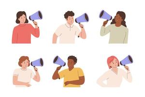 Collection of different people shouting through megaphone vector
