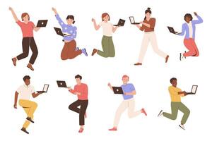 Set collection of people jumping happily while holding laptops vector