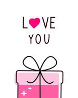 greeting card simple and cute design pink color with letters love you, gift box illutration for Valentine's Day cards, wrapping paper or digital backgrounds. vector