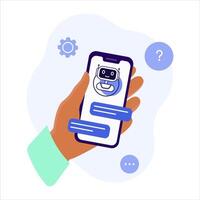 Hand holding smartphone and speaking to virtual assistant, chatting AI app on smartphone. Vecto illustration. vector