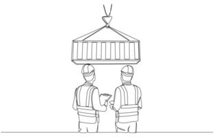 Continuous one line drawing of logistics workers inspecting container box, warehouse and cargo delivery concept, single line art vector