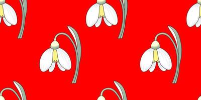 Snowdrop Flowers on a Red Background in a Seamless Pattern vector