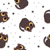 Seamless pattern in a simple childish style. Cute black cat with big yellow eyes on white background vector