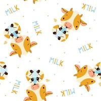 Seamless pattern in a simple childish style. Cute calf drinking milk from a bottle and milk caption on white background vector