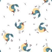 Seamless pattern in a simple childish style. Cute bird singing on white background, notes vector