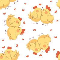 Seamless pattern on white background. Cute hen and rooster in love hugging, illustration for valentine's day, print for printing on children's products vector