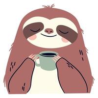 Flat illustration in a simple children's style. Cute sloth drinking coffee from a cup vector