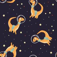 Seamless pattern on dark background. Cute dinosaurs flying in space, print for printing on children's products vector