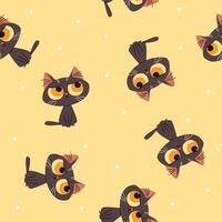 Seamless pattern in a simple childish style. Cute black cat with big yellow eyes on yellow background vector