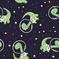 Seamless pattern on dark background. Cute dinosaurs flying in space, print for printing on children's products vector