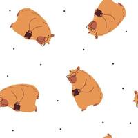 Seamless pattern in a simple childish style. Cute capybara in office glasses holding a cup of coffee on white background vector