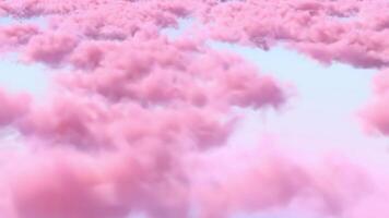 Pink clouds in a fantasy sky. Camera moving through pink clouds seen from above. Background of beautiful pink fluffy clouds in the turquoise sky. video