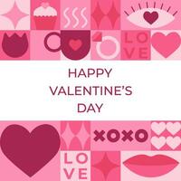 Square greeting card with love elements and geometric shapes. Template for Valentine holiday design vector