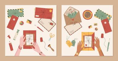 Creative handmade postcard illustration, cartoon hands send craft envelope with handwritten letter, flat character receive mail and package at the table, trendy greeting postcard design. vector