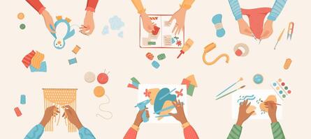 Cartoon DIY craft hobby activity concept, top view hands create painting and scrapbooking craftwork background, handicraft art class banner, handmade kid workshop illustration. vector