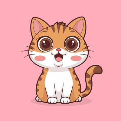 Cute cartoon cat isolated on pink background Illustration.