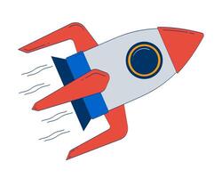 Flying spaceship 2D doodle object. Outer space exploration vehicle. Travelling by rocket in cosmos cartoon element flat clipart isolated on white background. Hand drawn illustration vector