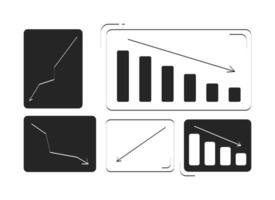 Falling graphs showing business crisis doodle linear objects set. Stock market failure analytics cartoon elements flat cliparts isolated on white background. Hand drawn illustrations collection vector