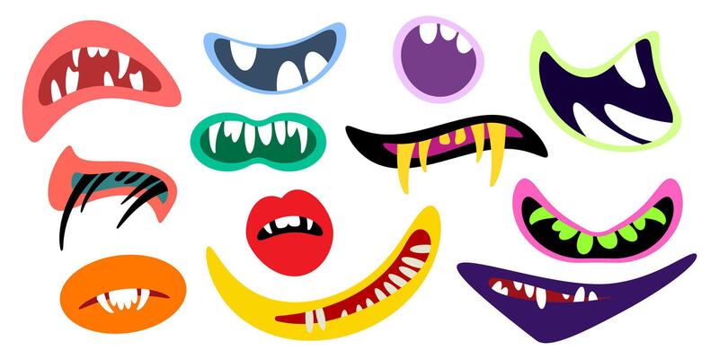 Funny cartoon monster mouth. Creature lips with teeth and fangs. Mouth masks for Halloween. illustration isolated on white background.