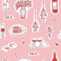 Romantic dinner seamless pattern with cut out elements. Design for Valentines Day in traditional colors vector