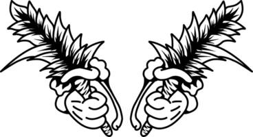 pair of hands, each grasping a blossoming sword with serrated leaves, face each other in a delicate standoff vector
