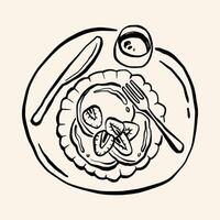 A minimalist line art of pancakes with strawberries and coffee, ideal for breakfast-themed designs or decor. vector